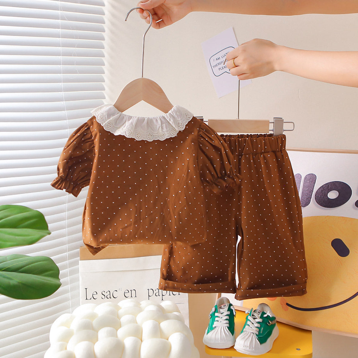 Girls Brown Polka Dot Printed Short Sleeves Top With Capri Set 2 pc. Sets