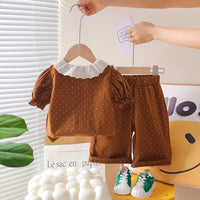 Girls Brown Polka Dot Printed Short Sleeves Top With Capri Set 2 pc. Sets