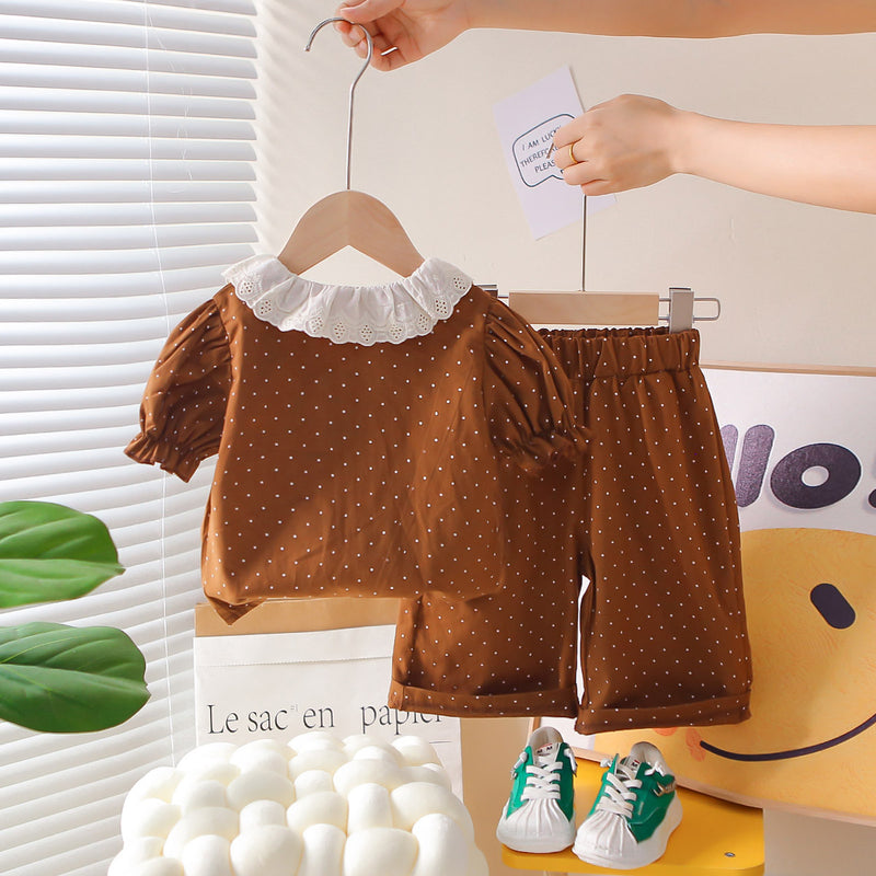 Girls Brown Polka Dot Printed Short Sleeves Top With Capri Set 2 pc. Sets