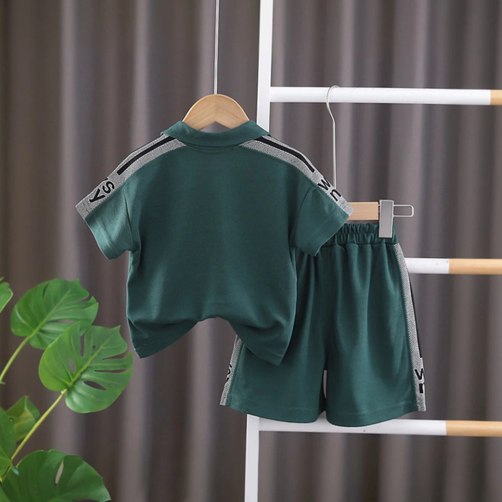 Boys Dark Green Typographic Printed Short Sleeve Polo T-Shirt With Shorts Sets 2 pc. Sets