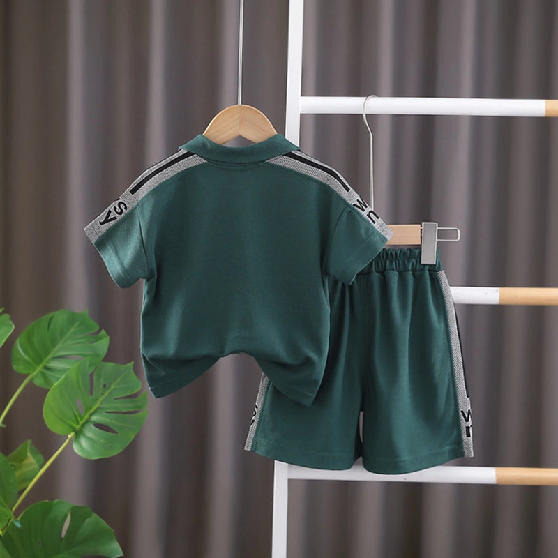 Boys Dark Green Typographic Printed Short Sleeve Polo T-Shirt With Shorts Sets 2 pc. Sets
