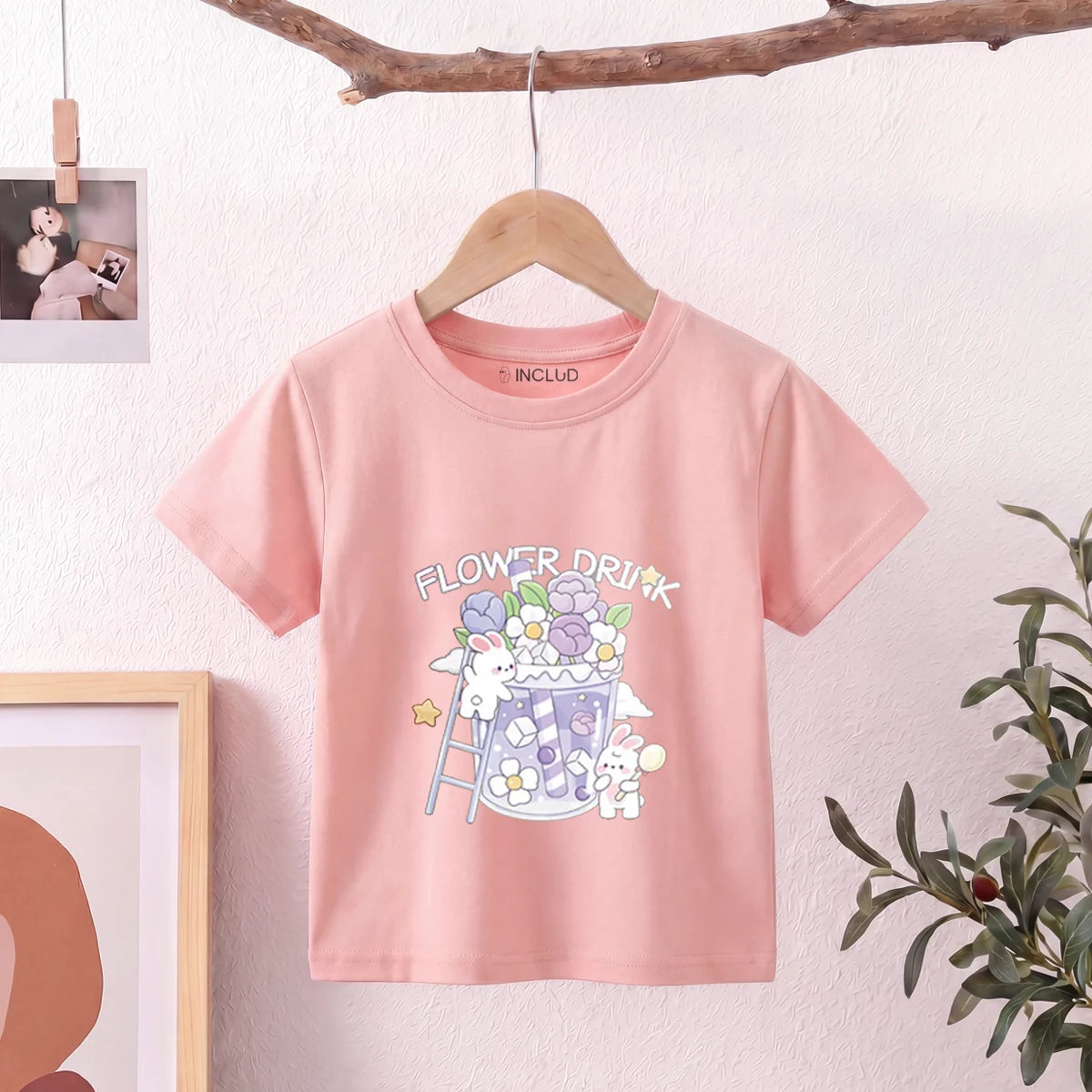 Girls Pink Short Sleeve Floral Print T-Shirt Tshirts Pink 1-2 Y