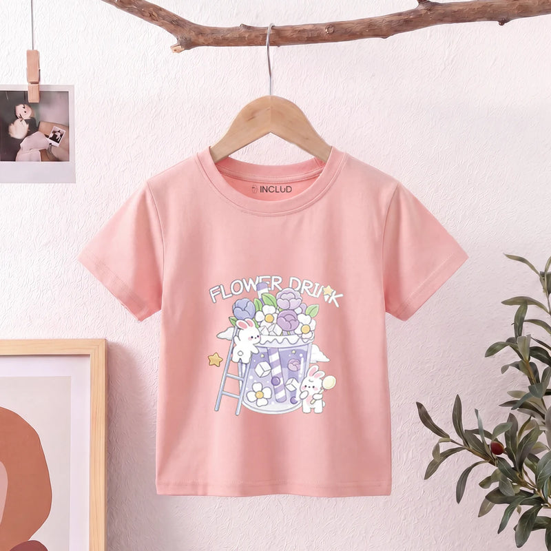 Girls Pink Short Sleeve Floral Print T-Shirt Tshirts Pink 1-2 Y