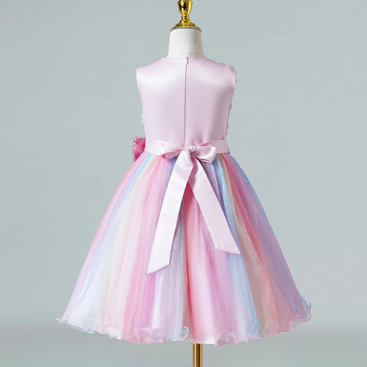 Girls Pink Floral Applique Fit & Flare Party Wear Dress With Sequin Bow Party Dresses