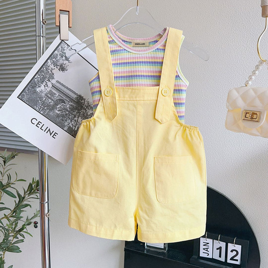 Girls Striped Tank Top with Dungaree Set