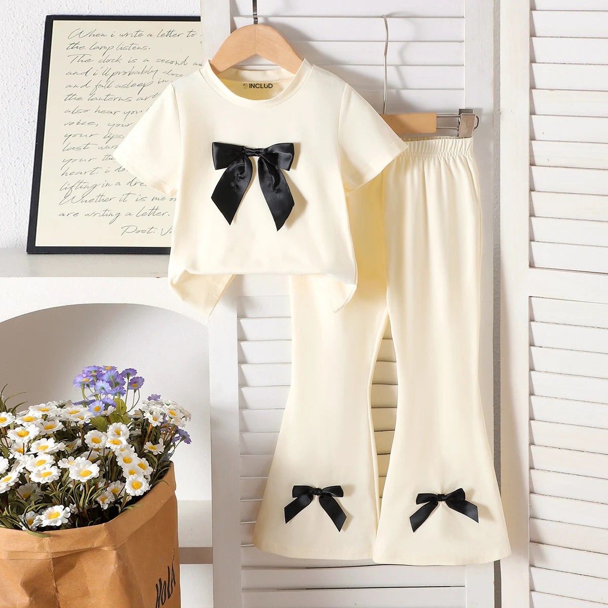 Girls Off White Bow Applique Short Sleeve T-Shirt With Flared Pants Sets 2 pc. Sets Off White 2-3 Y