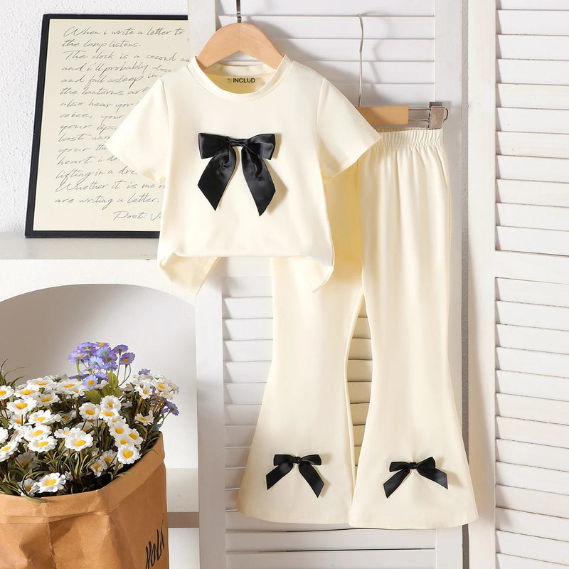 Girls Off White Bow Applique Short Sleeve T-Shirt With Flared Pants Sets 2 pc. Sets Off White 2-3 Y