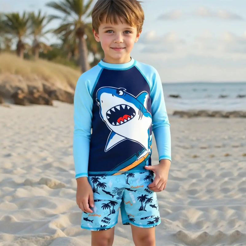 Boys Sky Blue Shark Printed Long Sleeves T-Shirt & Shorts Swimsuit Sets Sets Sky Blue 3-4 Y