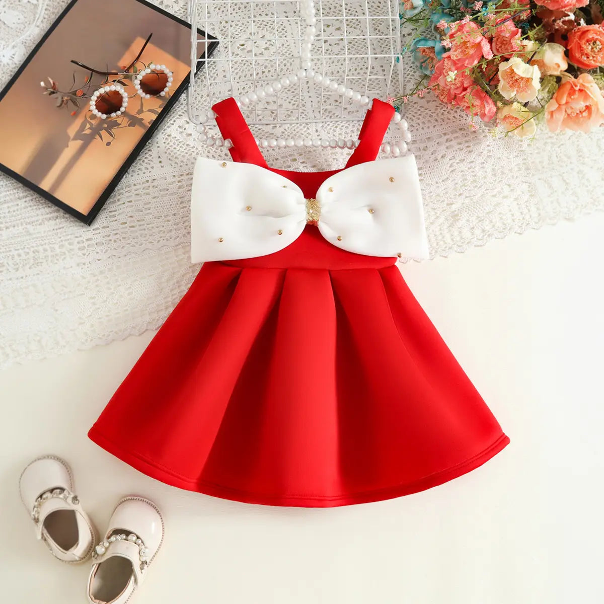 Girls Red Sleeveless Fit & Flare Party Wear Dress With Embellished Bow Applique Party Dresses Red 12-18 M
