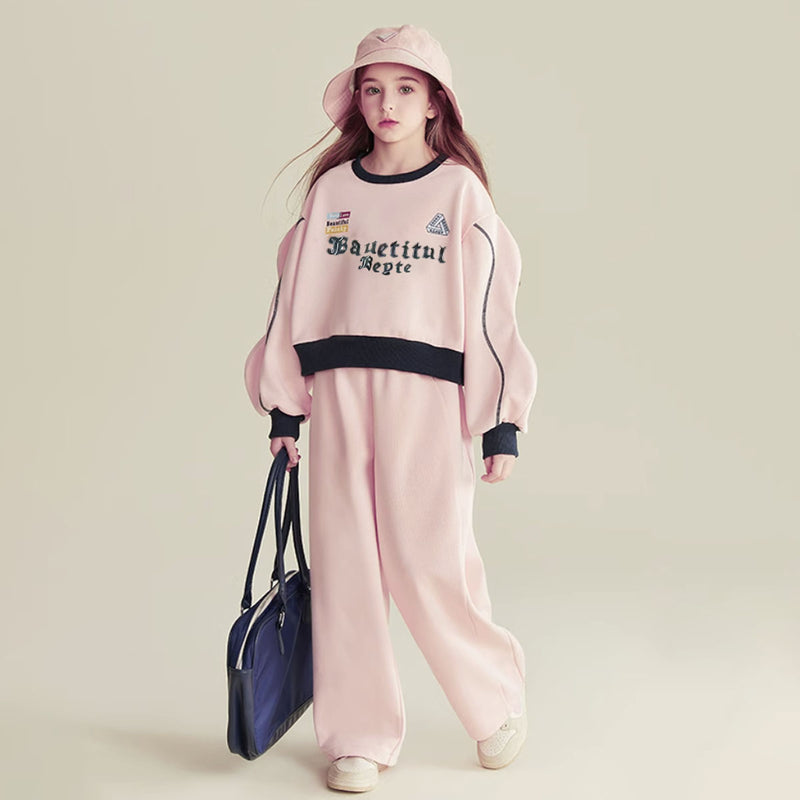 Girls Pink Typographic Printed Extended Sleeve Sweatshirt With Pants Sets 2 pc. Sets