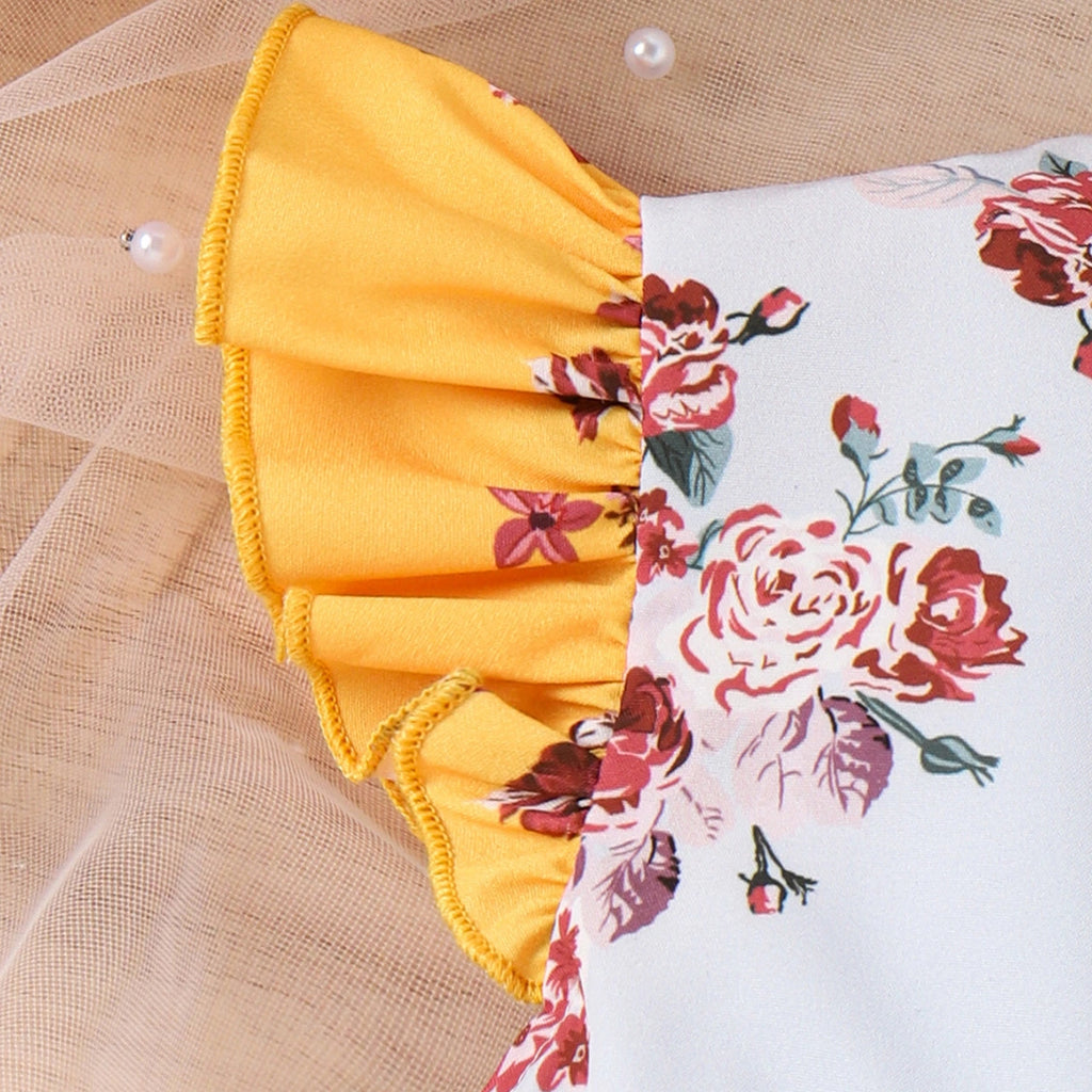 Girls Yellow Floral Print Round Neck Tiered Dress Casual Dresses