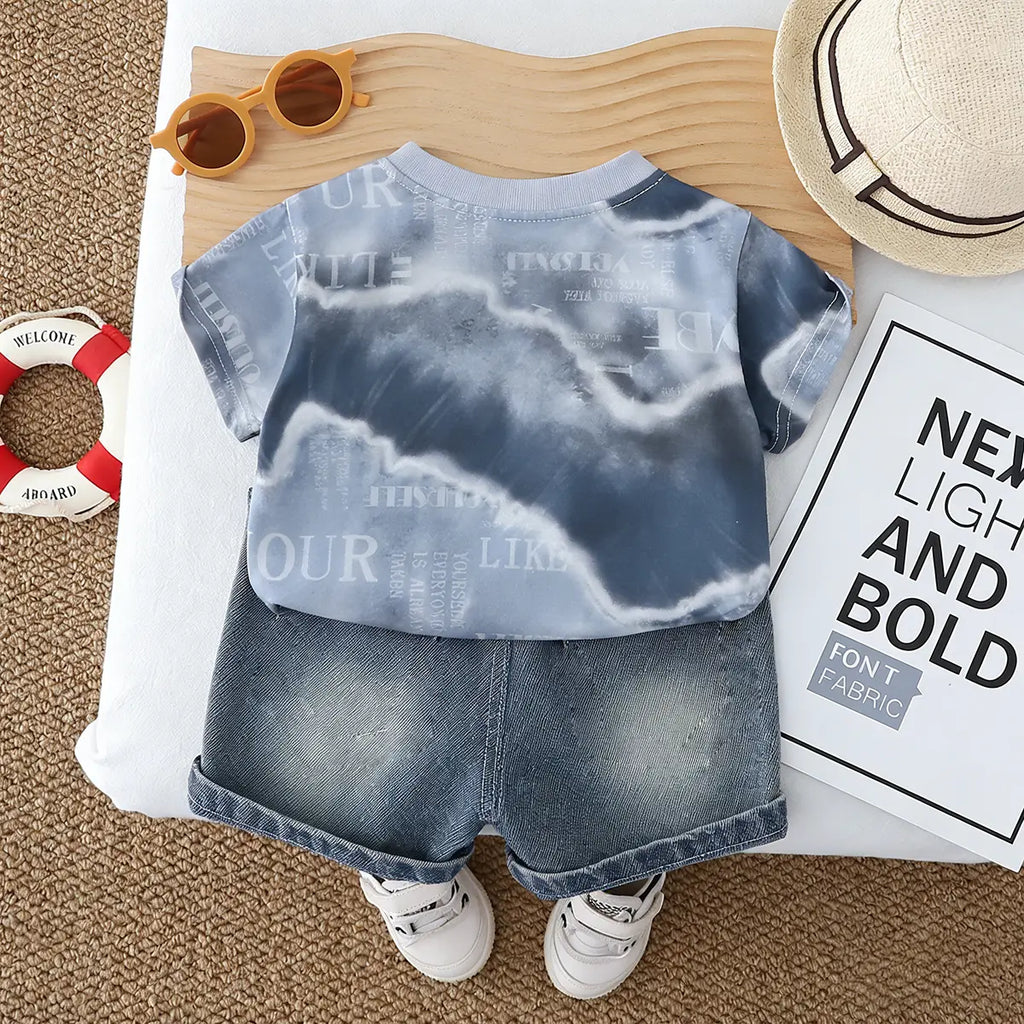 Boys Blue Tie-Dye Printed T-Shirt With Denim Shorts Set Sets