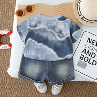 Boys Blue Tie-Dye Printed T-Shirt With Denim Shorts Set Sets