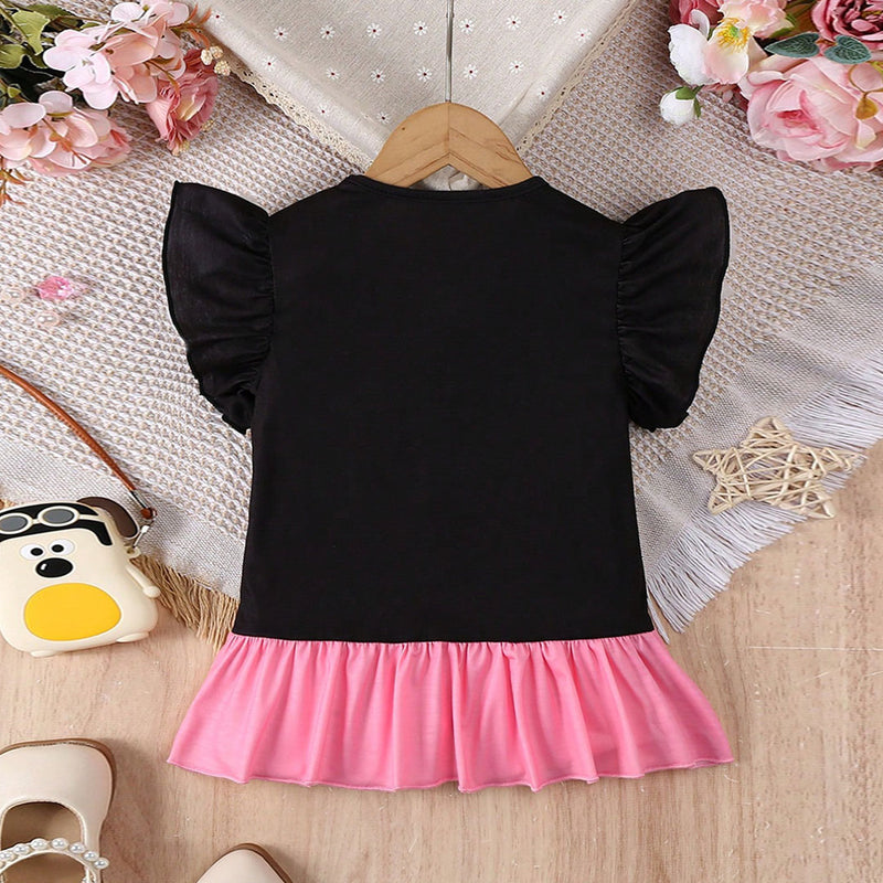 Girls Black-Pink Kitty Print Peplum Top Tops