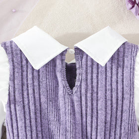 Girls Purple Self-Design Striped Long Sleeves Fit & Flare Dress With Bow Casual Dresses