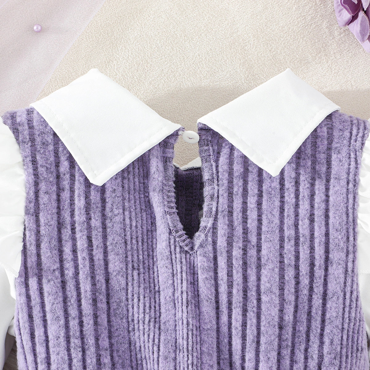 Girls Purple Self-Design Striped Long Sleeves Fit & Flare Dress With Bow Casual Dresses
