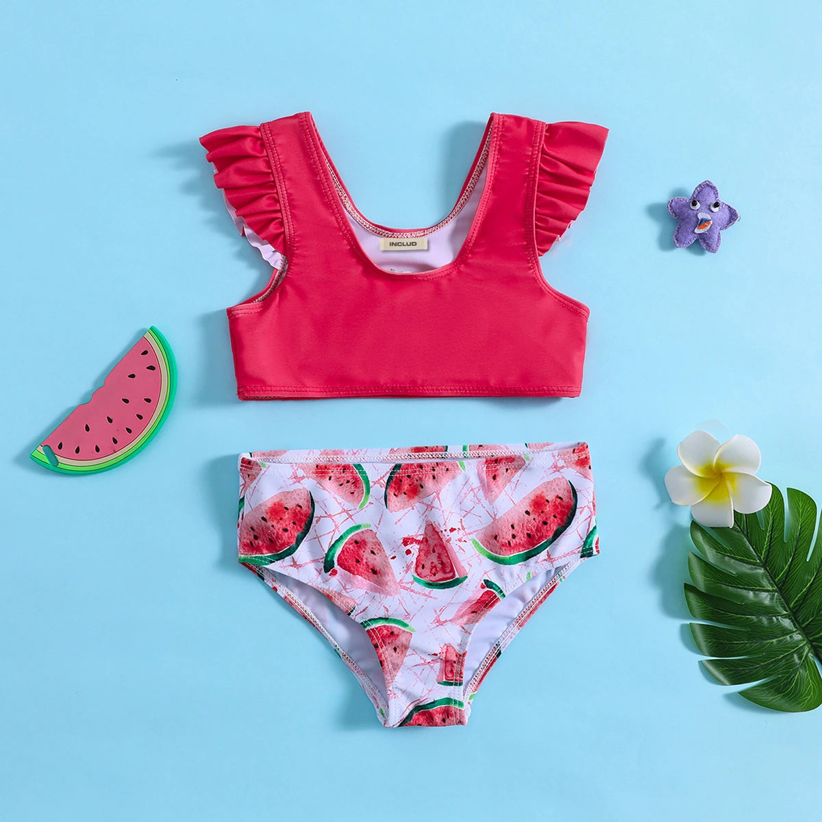 Girls Red Watermelon Print Top With Briefs Swimwear Sets Sets Red 1-2 Y