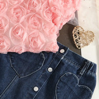 Girls Pink 3D Rose Flower Applique Top With Denim Skirt Sets Sets