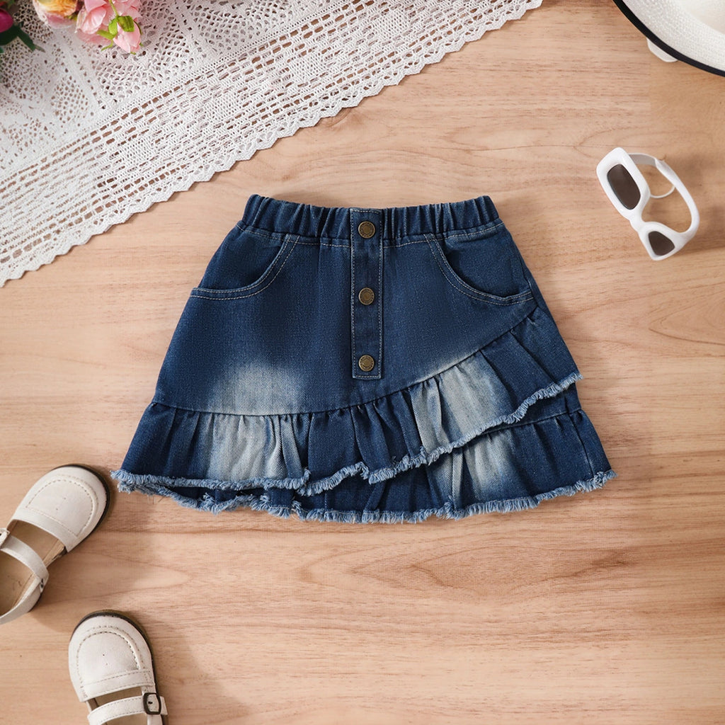 Girls White Floral Print Cold Shoulder Sleeves Top With Denim Skirts Set Sets