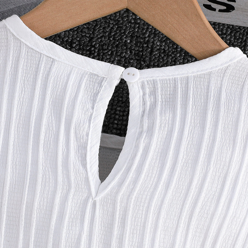 Girls White Flutter Sleeves Round Neck Dress Casual Dresses