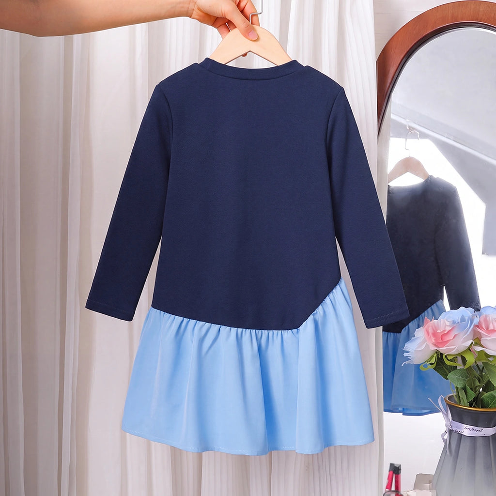 Girls Navy Blue Long Sleeve Drop-Waist Dress Casual Dresses