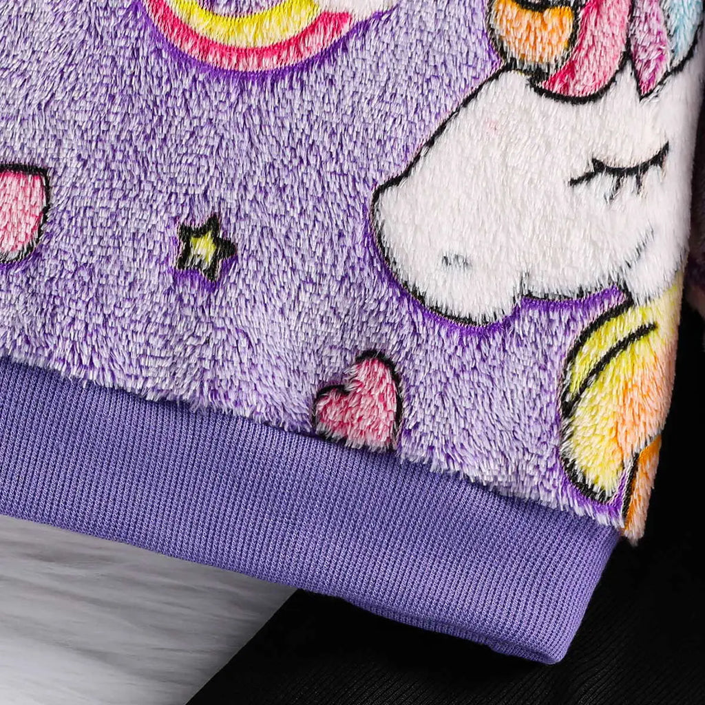 Girls Purple Self-Design Unicorn Patterns Hooded Fleece Sweatshirt With Legging Sets 2 pc. Sets