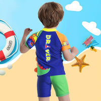 Boys Blue Dinosaur Printed T-Shirt With Shorts & Cap Swimwear Sets Sets