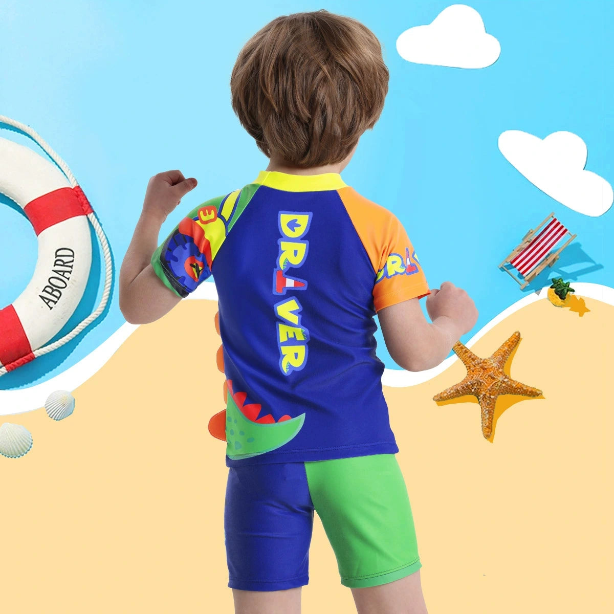 Boys Blue Dinosaur Printed T-Shirt With Shorts & Cap Swimwear Sets Sets