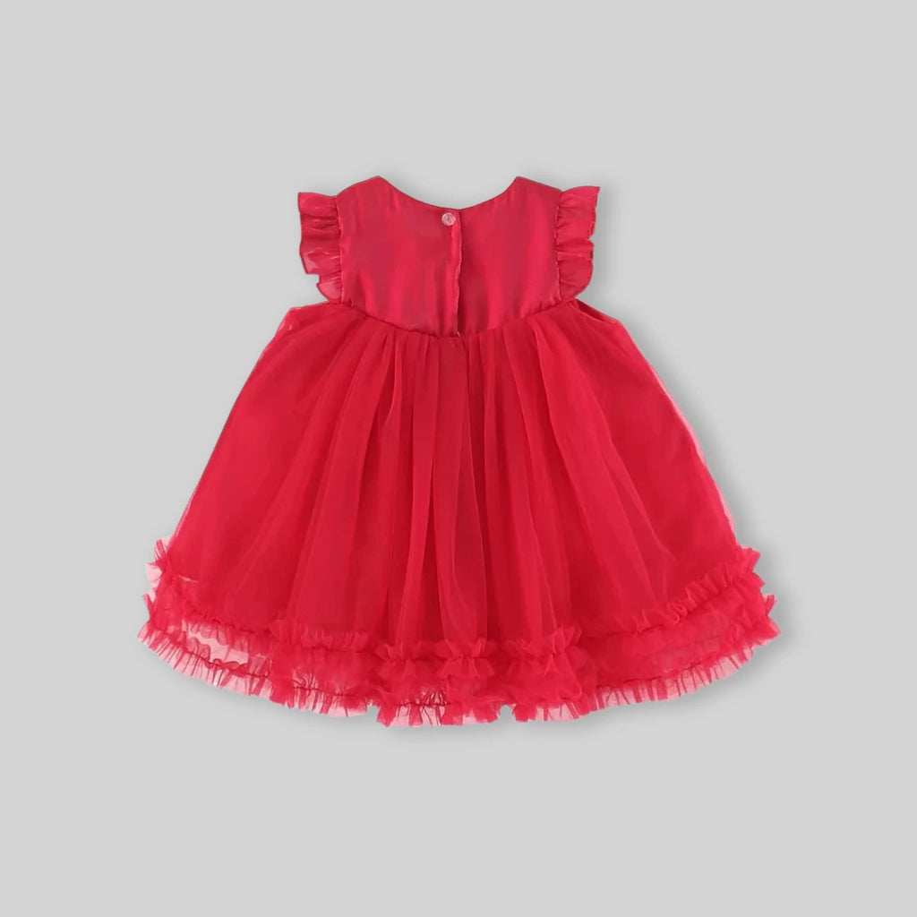 Girls Red Ruffled Tulle Overlay Fit & Flare Dress With Bow Detail Casual Dresses