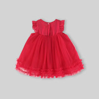Girls Red Ruffled Tulle Overlay Fit & Flare Dress With Bow Detail Casual Dresses
