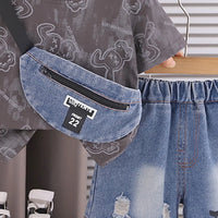 Boys Grey Bunny Printed Short Sleeve T-Shirt With Ripped Denim Shorts Sets 2 pc. Sets