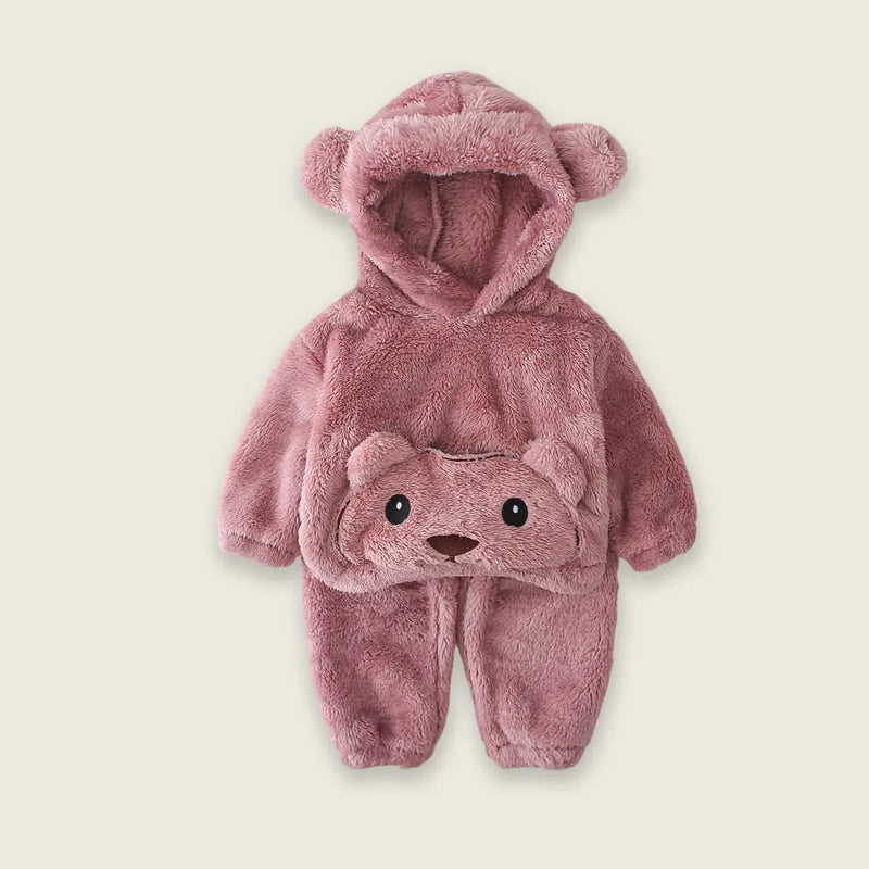 Boys Plush Pink Fleece Bear Themed Hoodie With Jogger Sets Sets