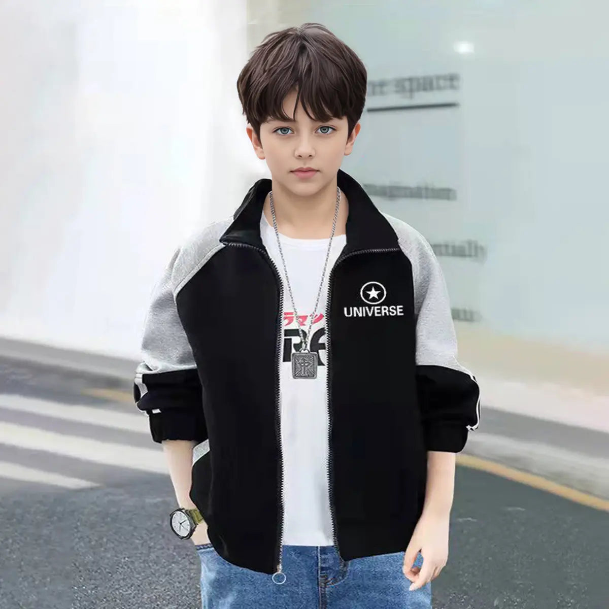 Boys Black Typographic Printed Raglan Sleeves Zipper Jacket Coats & Jackets Black 5-6 Y