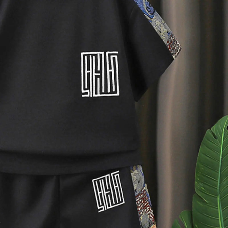 Boys Black Abstract Print Raglan Sleeves T-Shirt With Shorts Co-ord Sets Sets