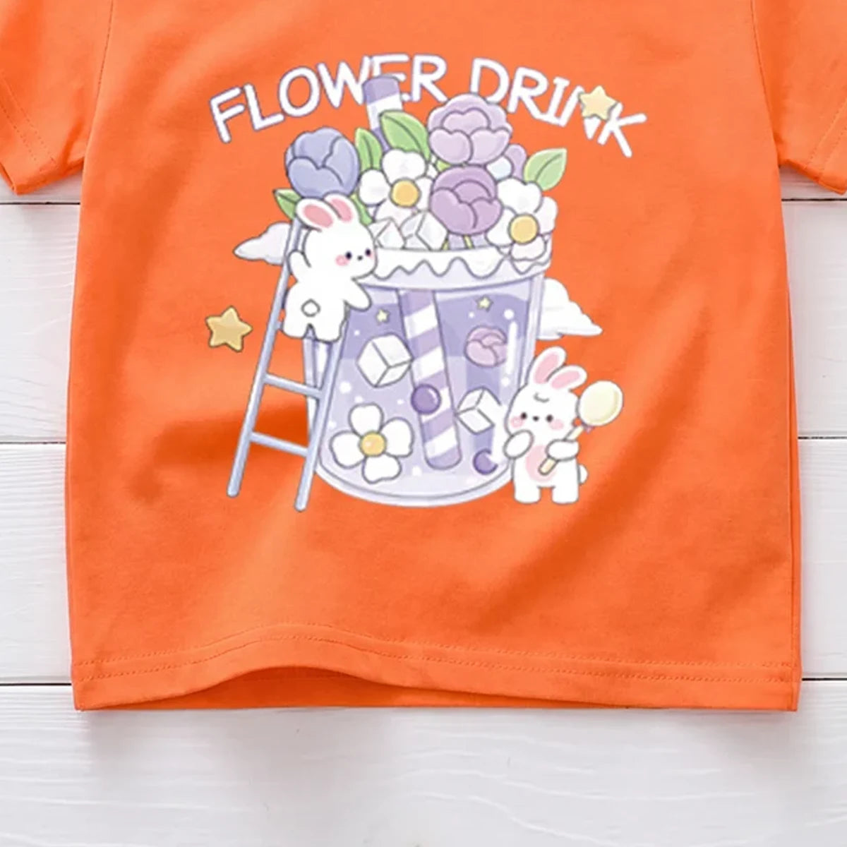 Girls Orange Short Sleeve Floral Print T-Shirt Tshirts