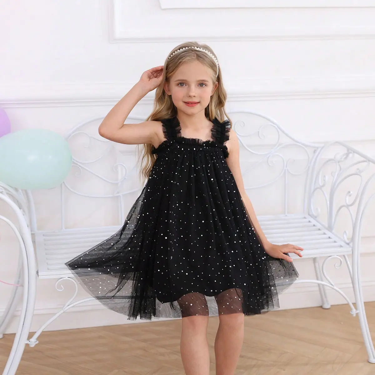 Girls Black Polka Dot Print Tulle Overlay Sleeveless A-line Dress Casual Dresses
