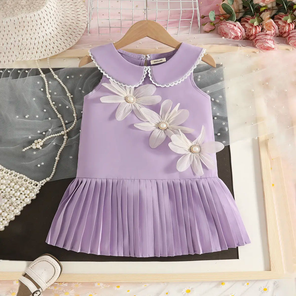 Girls Purple Flowers Applique A-line Dress With Pleated Hem Casual Dresses Purple 2-3 Y