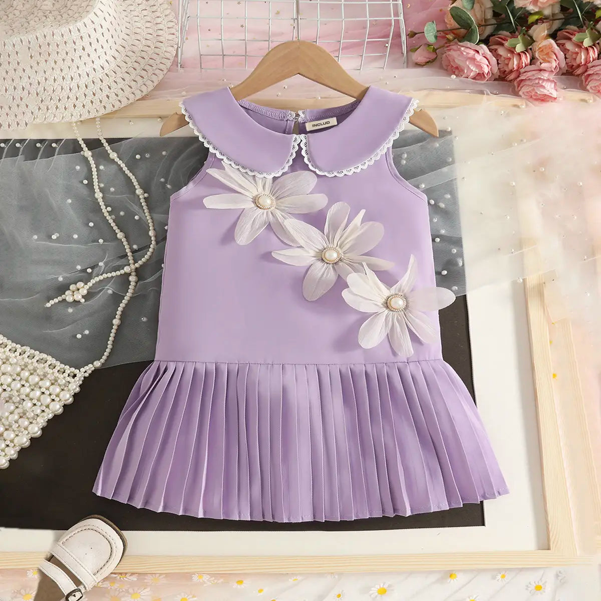 Girls Purple Flowers Applique A-line Dress With Pleated Hem Casual Dresses Purple 2-3 Y