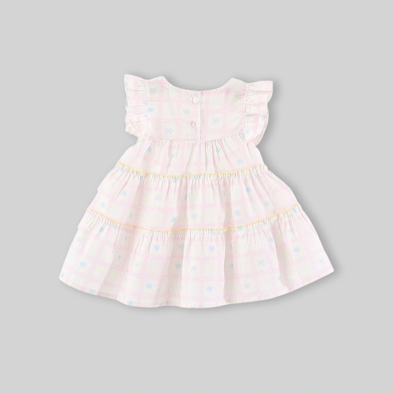 Girls Light Pink Checked Tiered Dress With Bow Details Casual Dresses