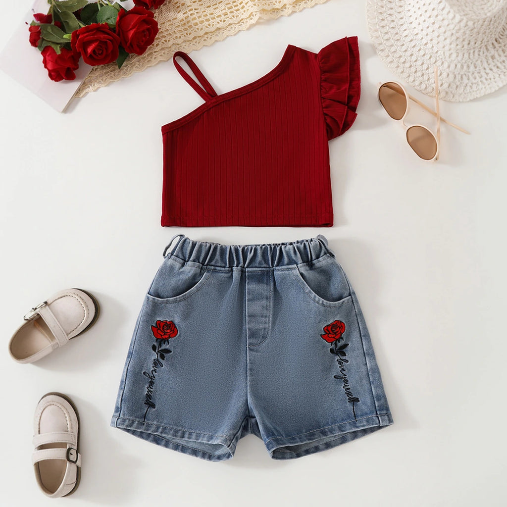 Girls Maroon One Shoulder Top With Embroidered Denim Shorts Set Sets Maroon 3-4 Y