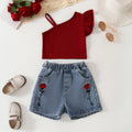 Girls Maroon One Shoulder Top With Embroidered Denim Shorts Set Sets Maroon 3-4 Y