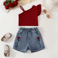 Girls Maroon One Shoulder Top With Embroidered Denim Shorts Set Sets Maroon 3-4 Y
