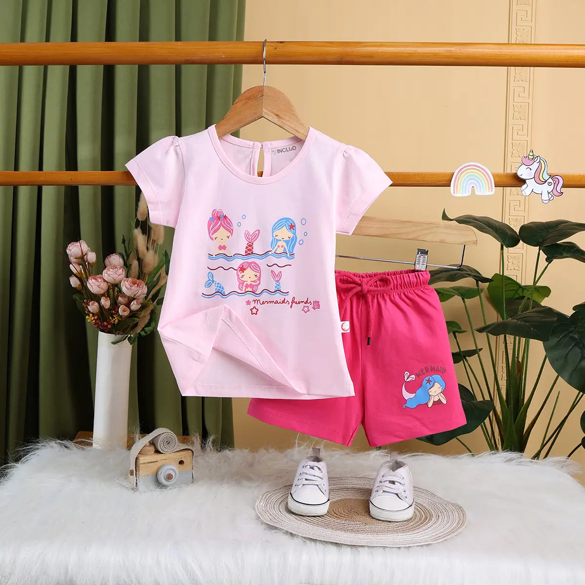 Girls Pink Mermaid Print Short Sleeves Top With Drawcord Shorts Sets Sets Lilac 6-12 M