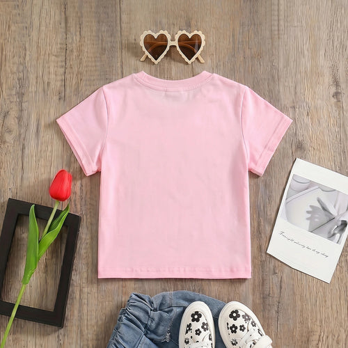 Girls Pink Heart Print Short Sleeve T-Shirt Tshirts