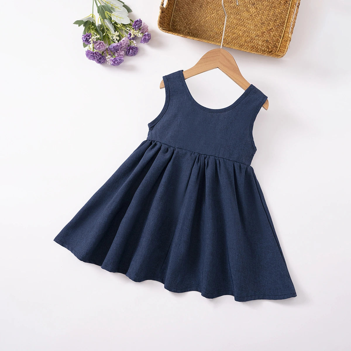 Girls Navy Blue Sleeveless Fit & Flare Dress With Bow Detail Casual Dresses