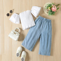 Girls Off Shoulder Smocked Top With Elasticated Denim Pants Set Sets White 1-2 Y 