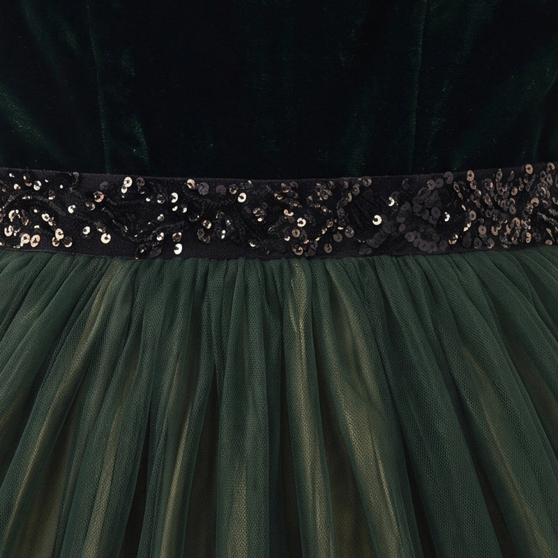 Girls Dark Green 3D Floral Detail Sleeveless Party Gown Party Dresses