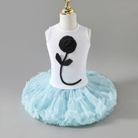 Girls Flower Applique Top With Sky Blue Tiered Tulle Skirts Set Sets Sky Blue 3-4 Y