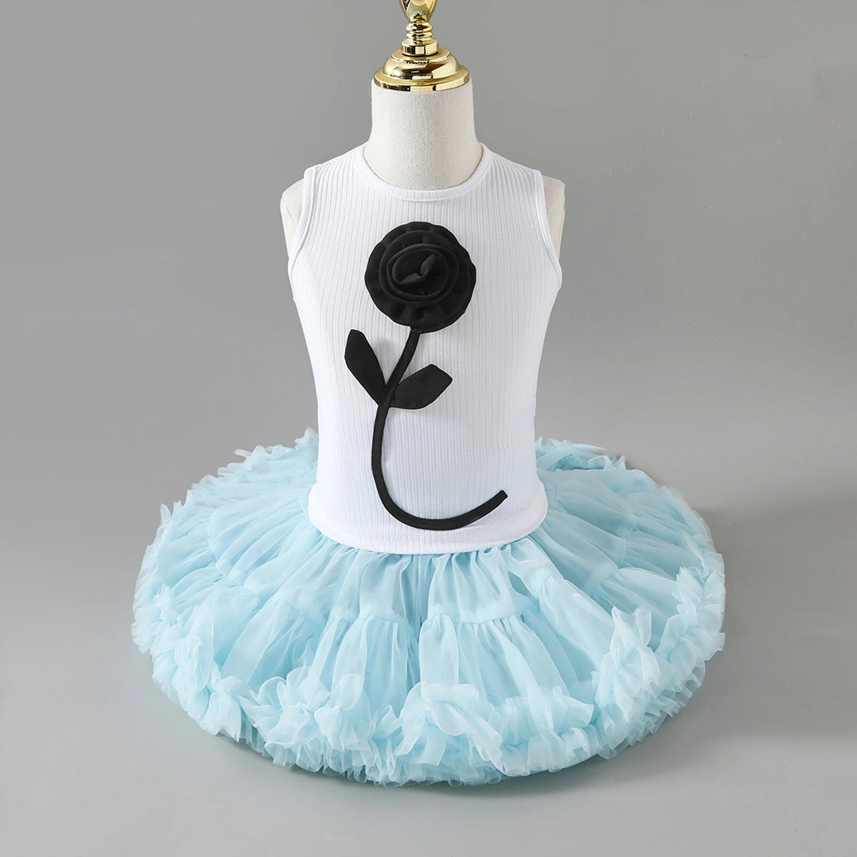 Girls Flower Applique Top With Sky Blue Tiered Tulle Skirts Set Sets Sky Blue 3-4 Y