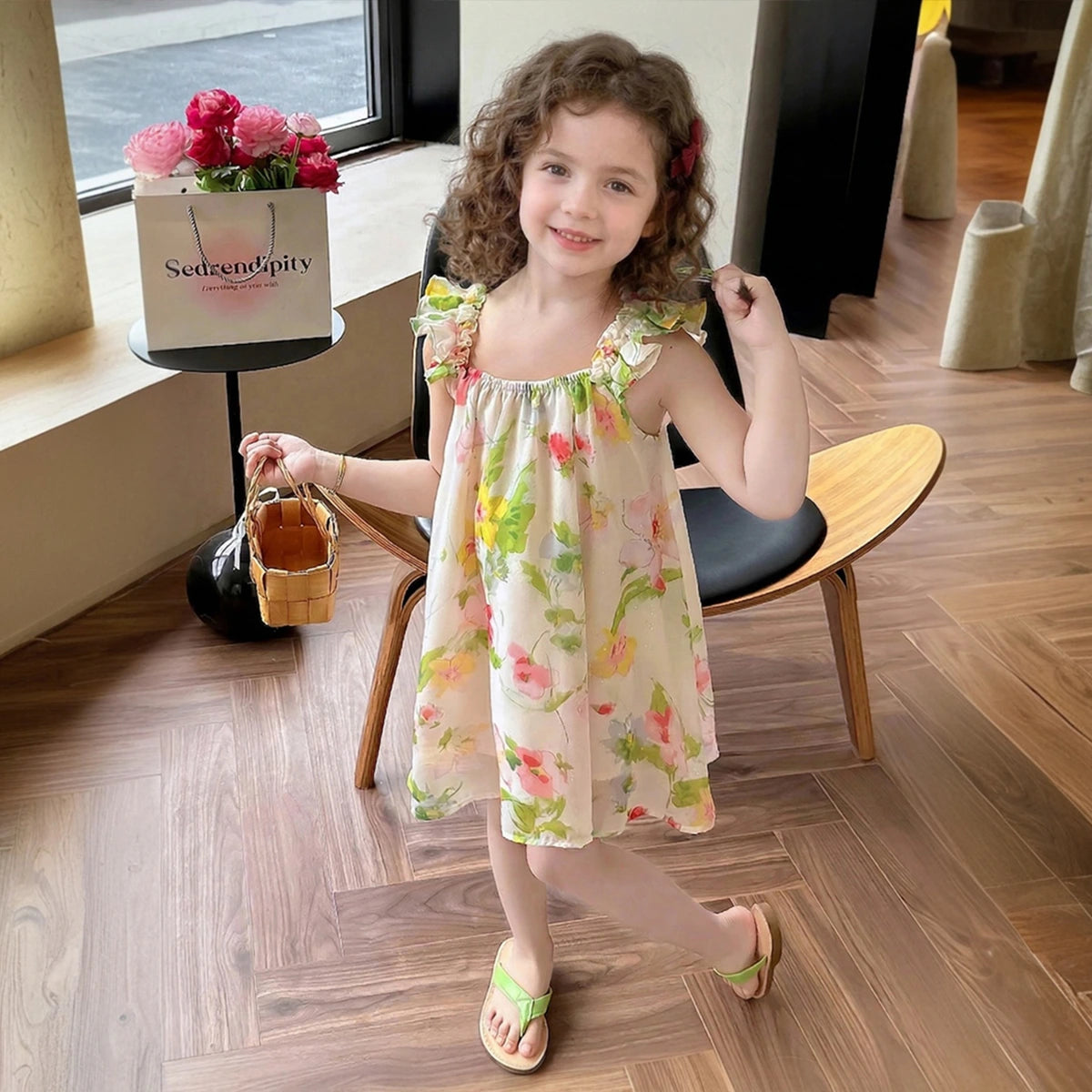 Girls Multicolor Floral Print Sleeveless Dress with Bow Straps Casual Dresses Multicolor 1-2 Y